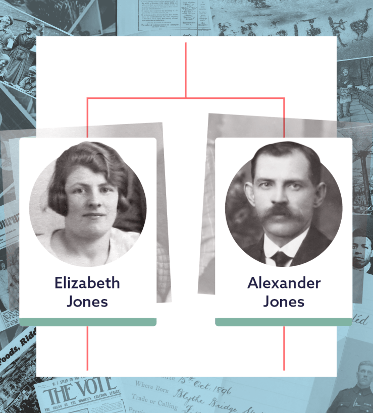 Family tree close-up showing black and white photos of Elizabeth Jones and Alexander Jones