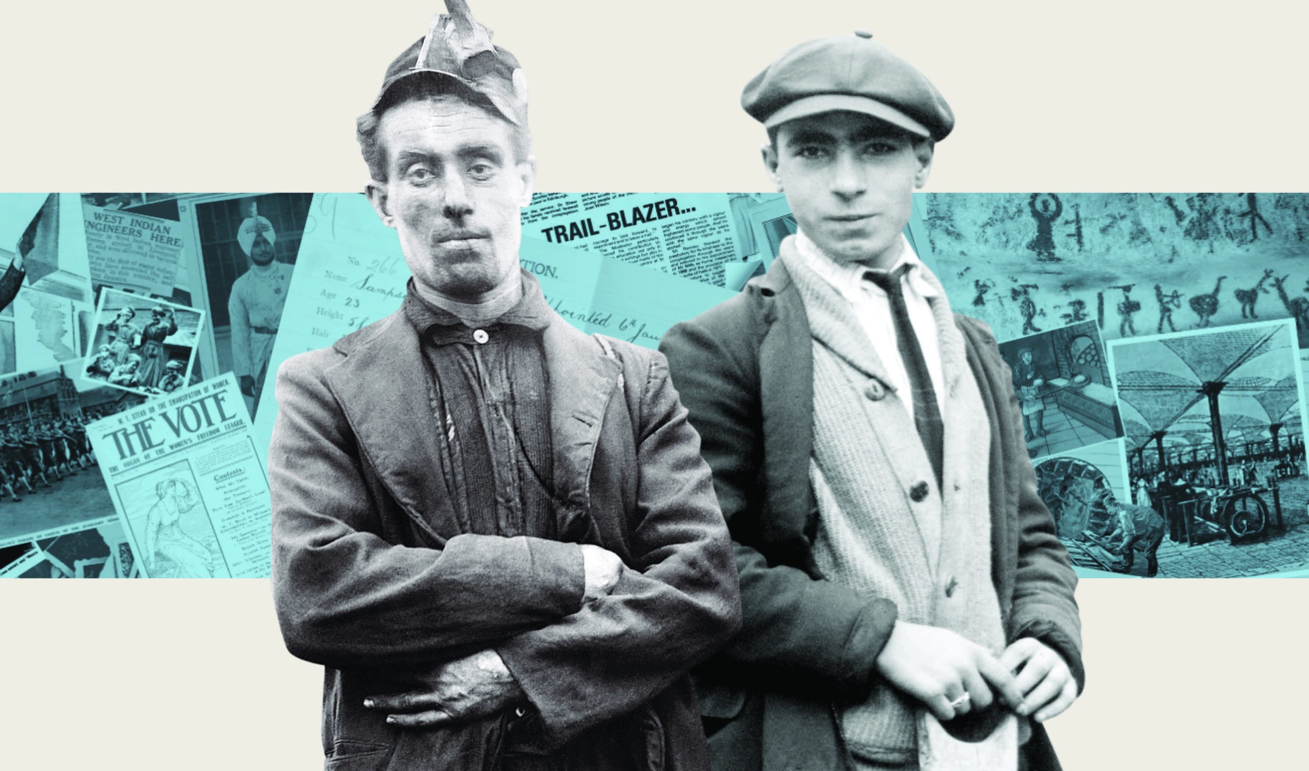 Two young men, one in a flatcap over a blue-tinted collage of posters and old photos