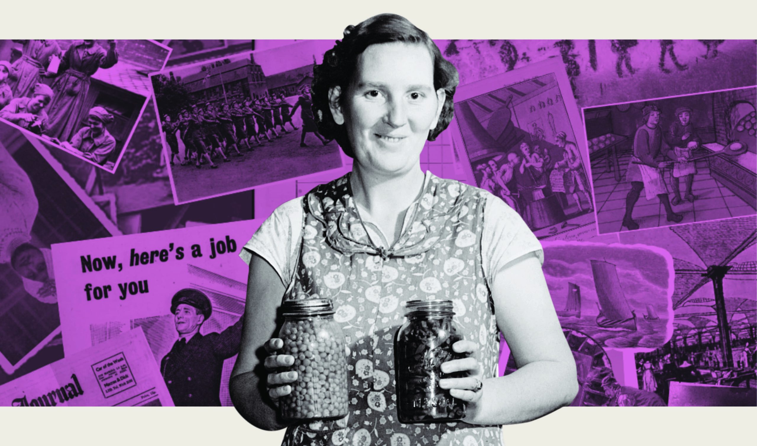 Woman wearing a floral pinafore holding two canning jars over a purple-filter collage of old photos and illustrations