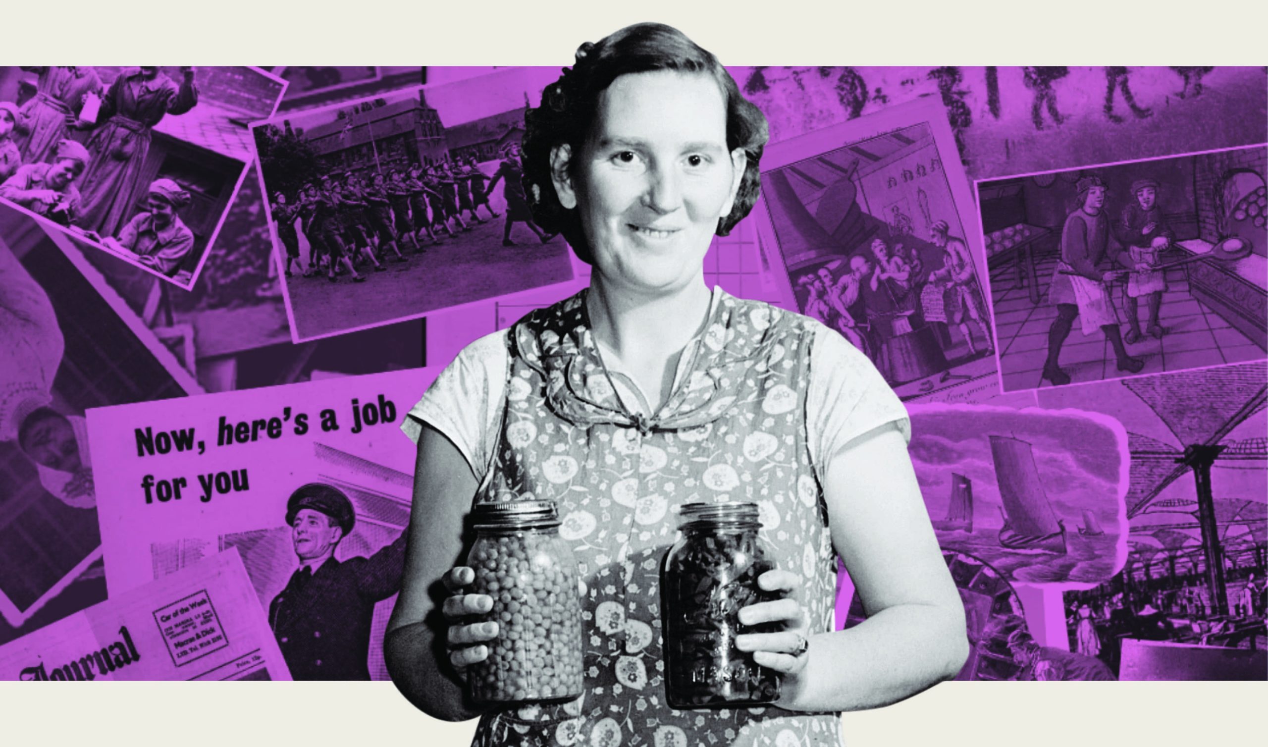 Woman wearing a floral pinafore holding two canning jars over a purple-filter collage of old photos and illustrations