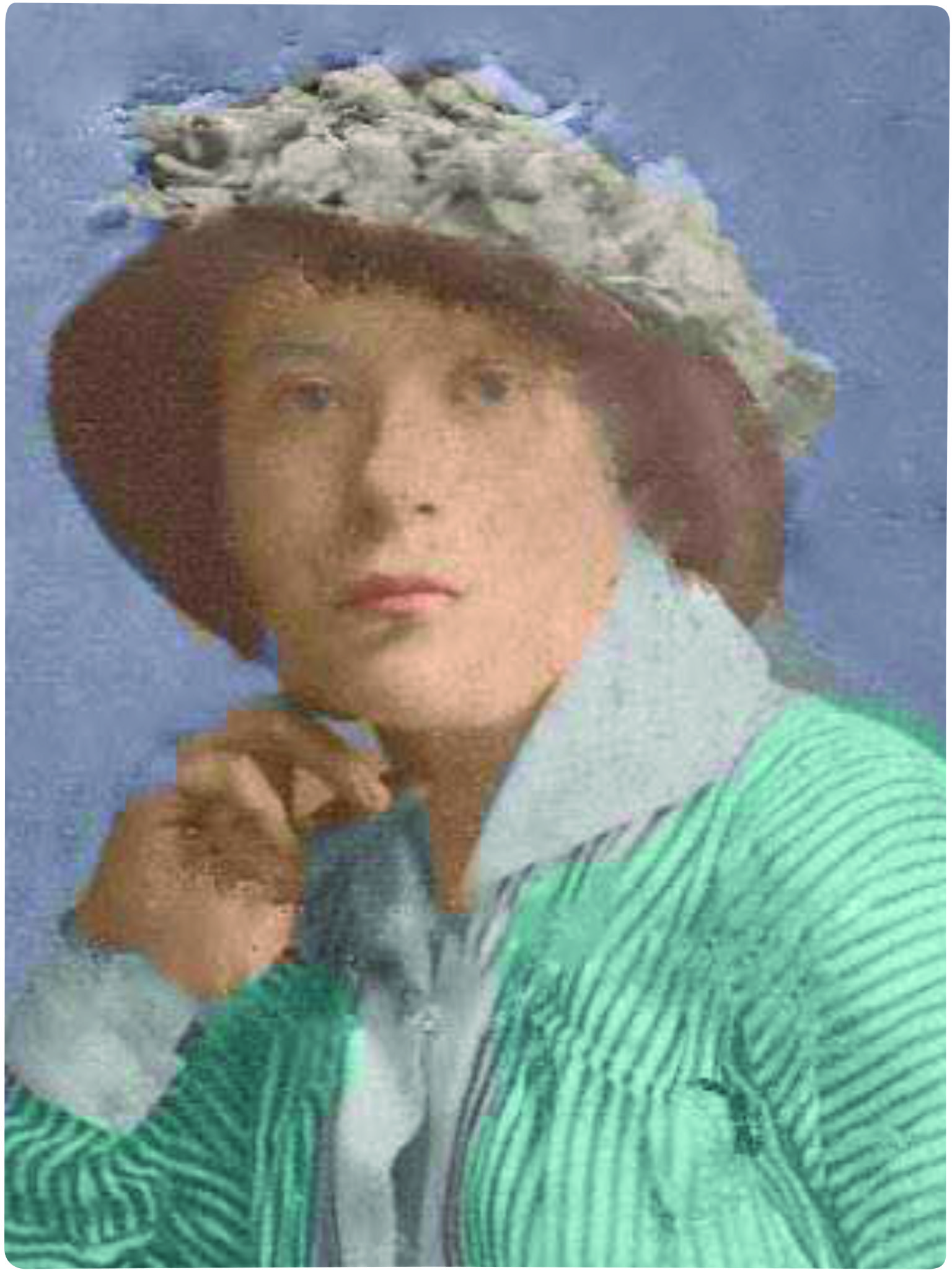 Tinted photograph of a woman with brown hair wearing a green cardigan and a bonnet