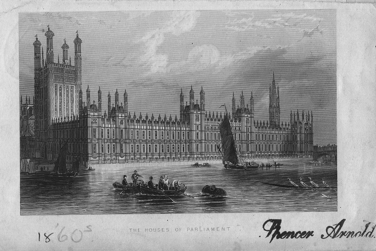 19th century woodcut of the Houses of Parliament