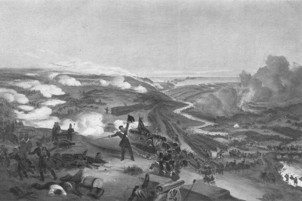 Black and white drawing of a Crimean War battlefield