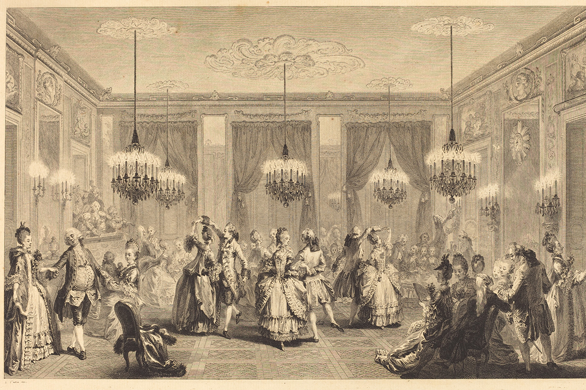 Black and white drawing of a ballroom with men and women in Regency clothing dancing