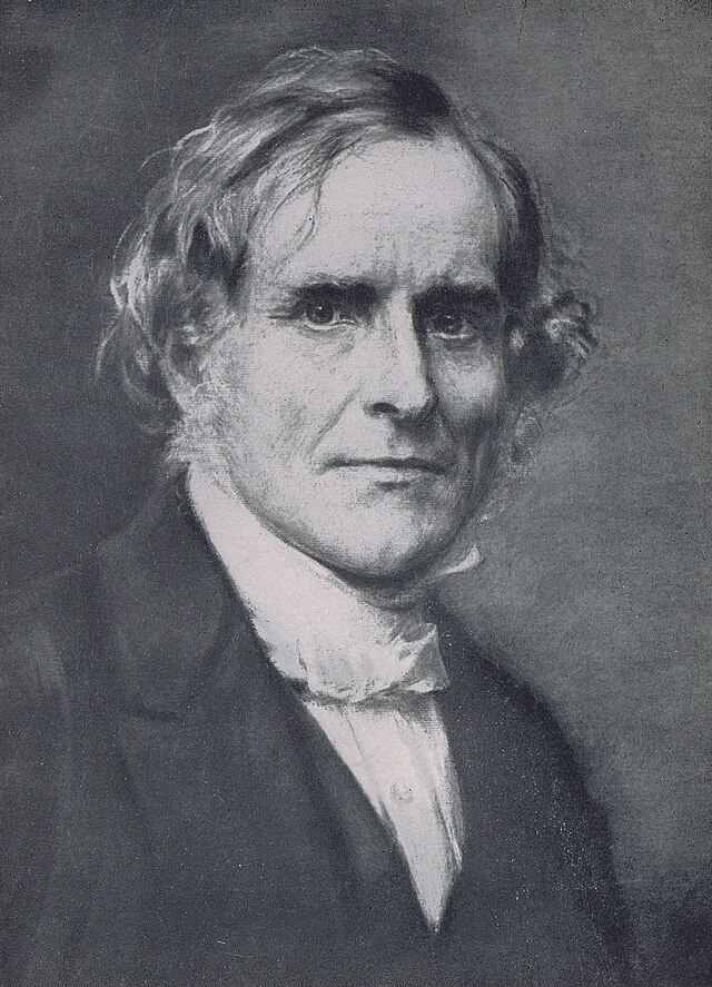 Black and white drawing of an old man in Victorian dress with his hair swept back