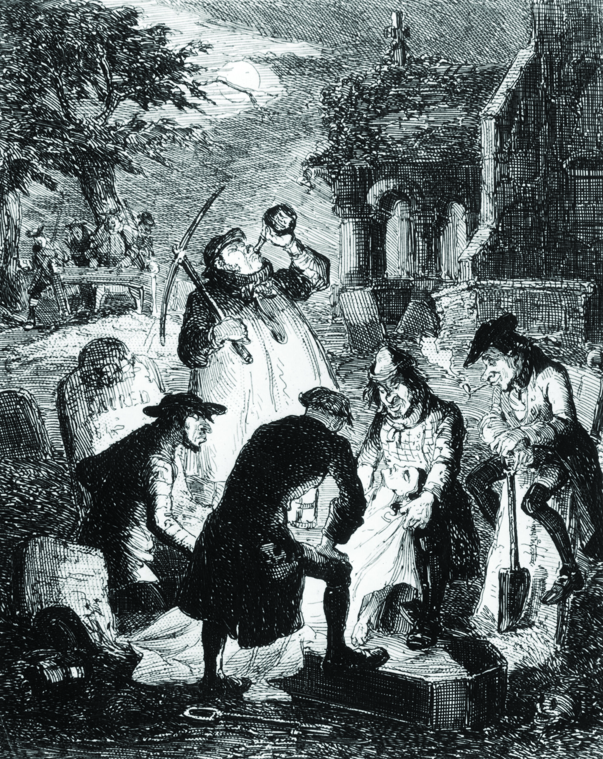 Body snatchers digging up a grave