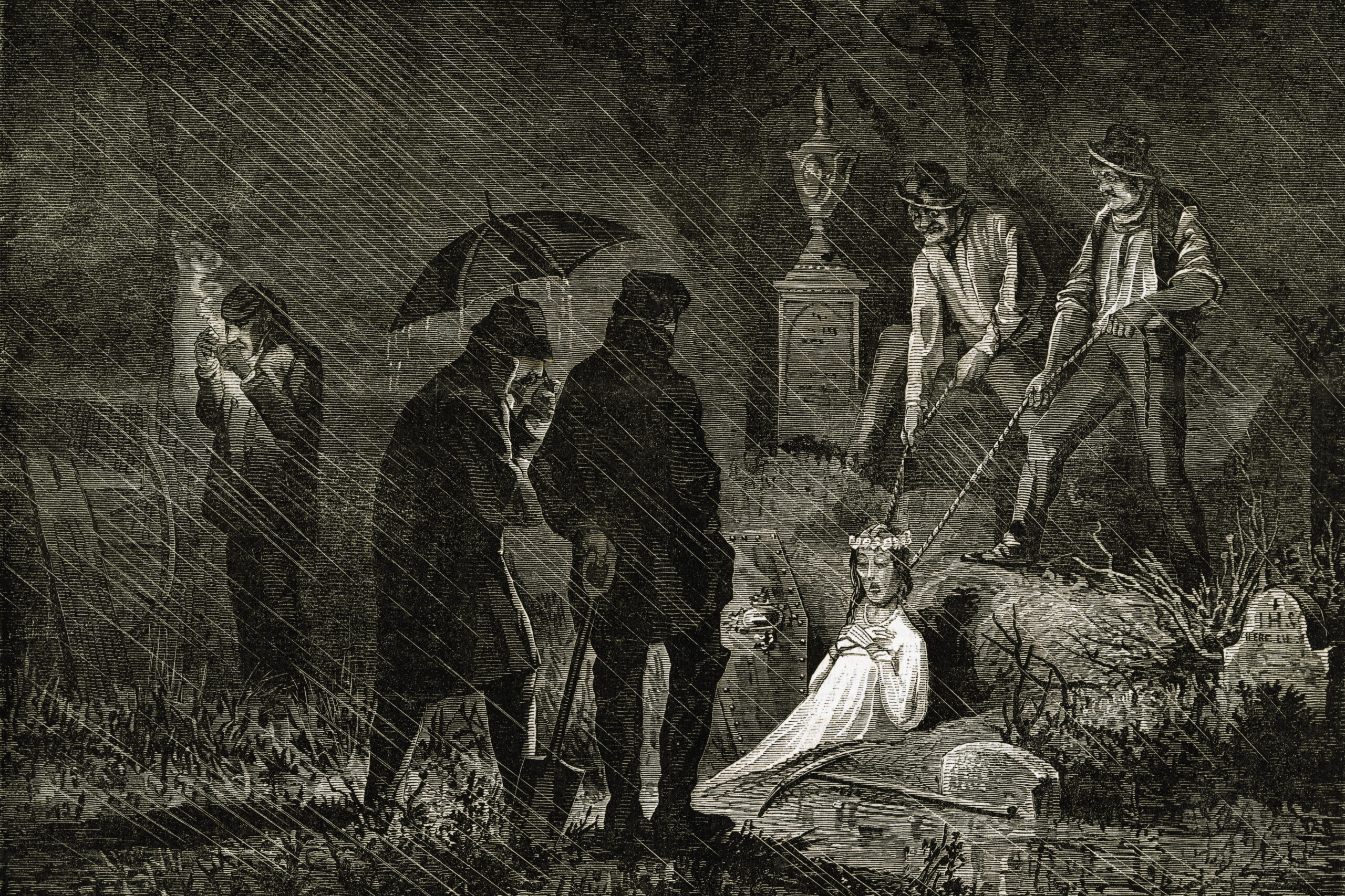 A woman's corpse being dug up by body snatchers