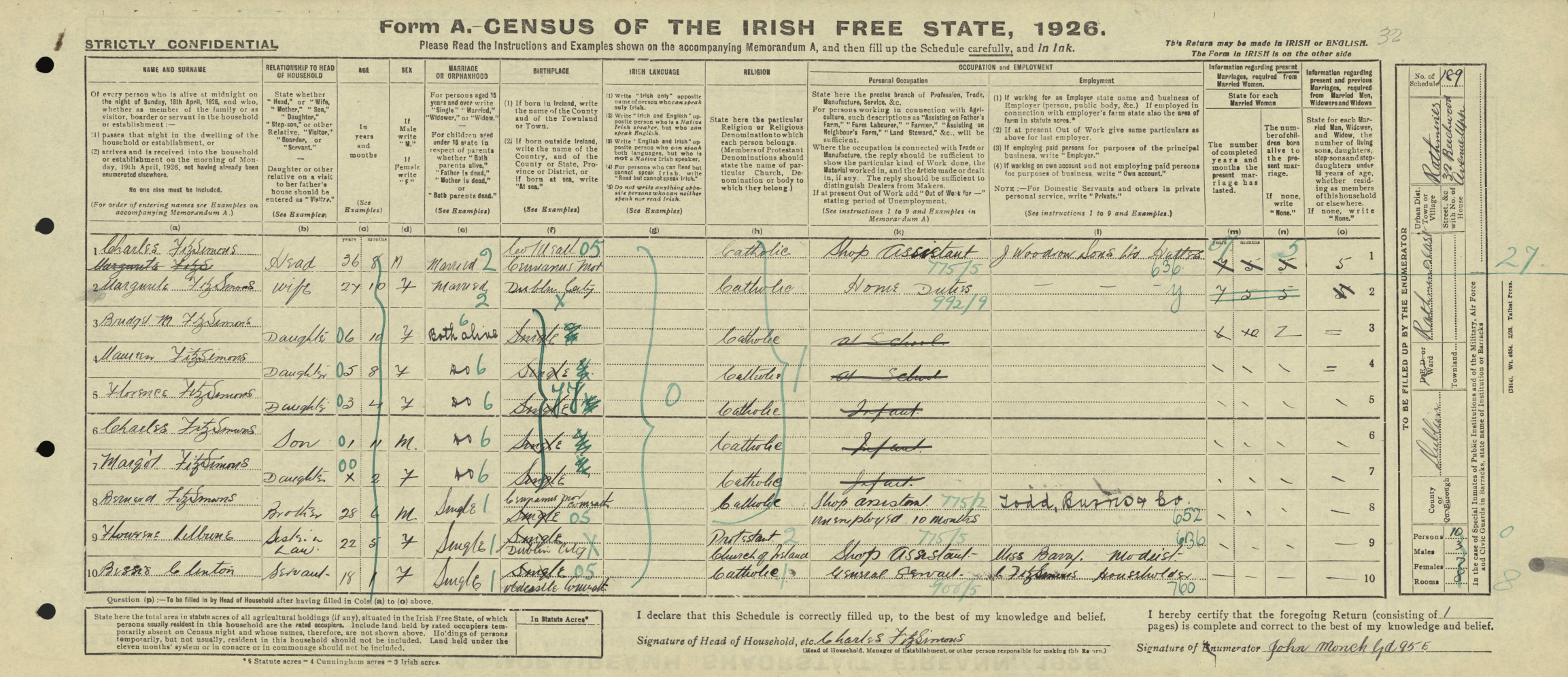 An example of Form A for the FitzSimons family