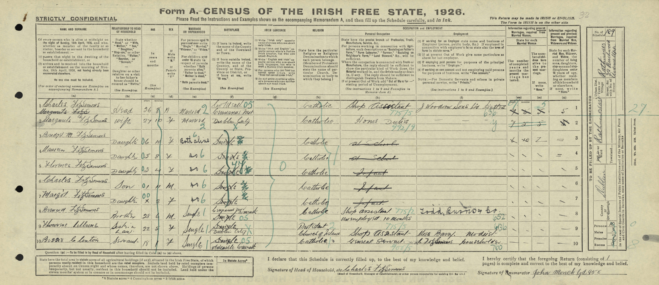 An example of Form A for the FitzSimons family