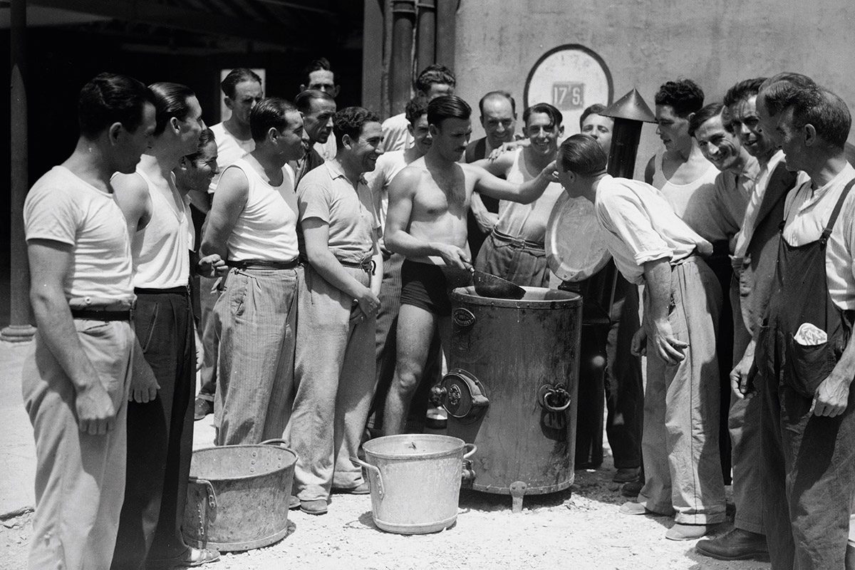 Black and white photograph of a group of men