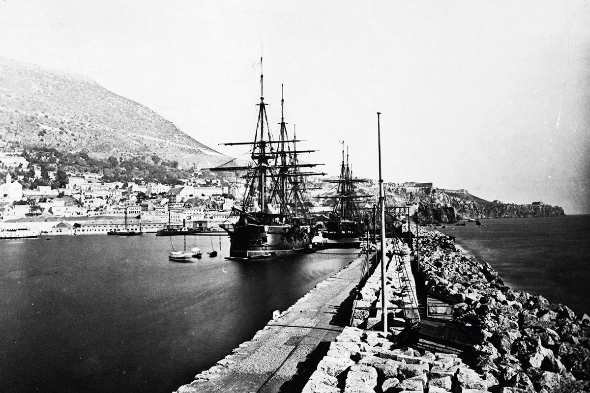 Black and white photograph of ships