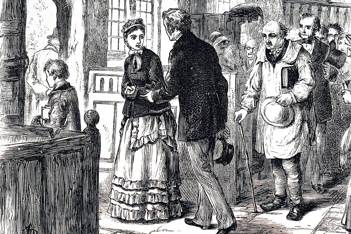 Black and white woodcut of a Victorian church congregation