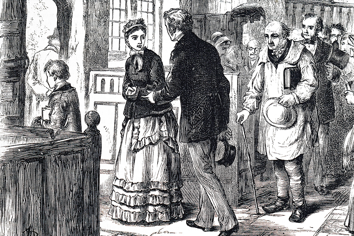 Black and white woodcut of a Victorian church congregation