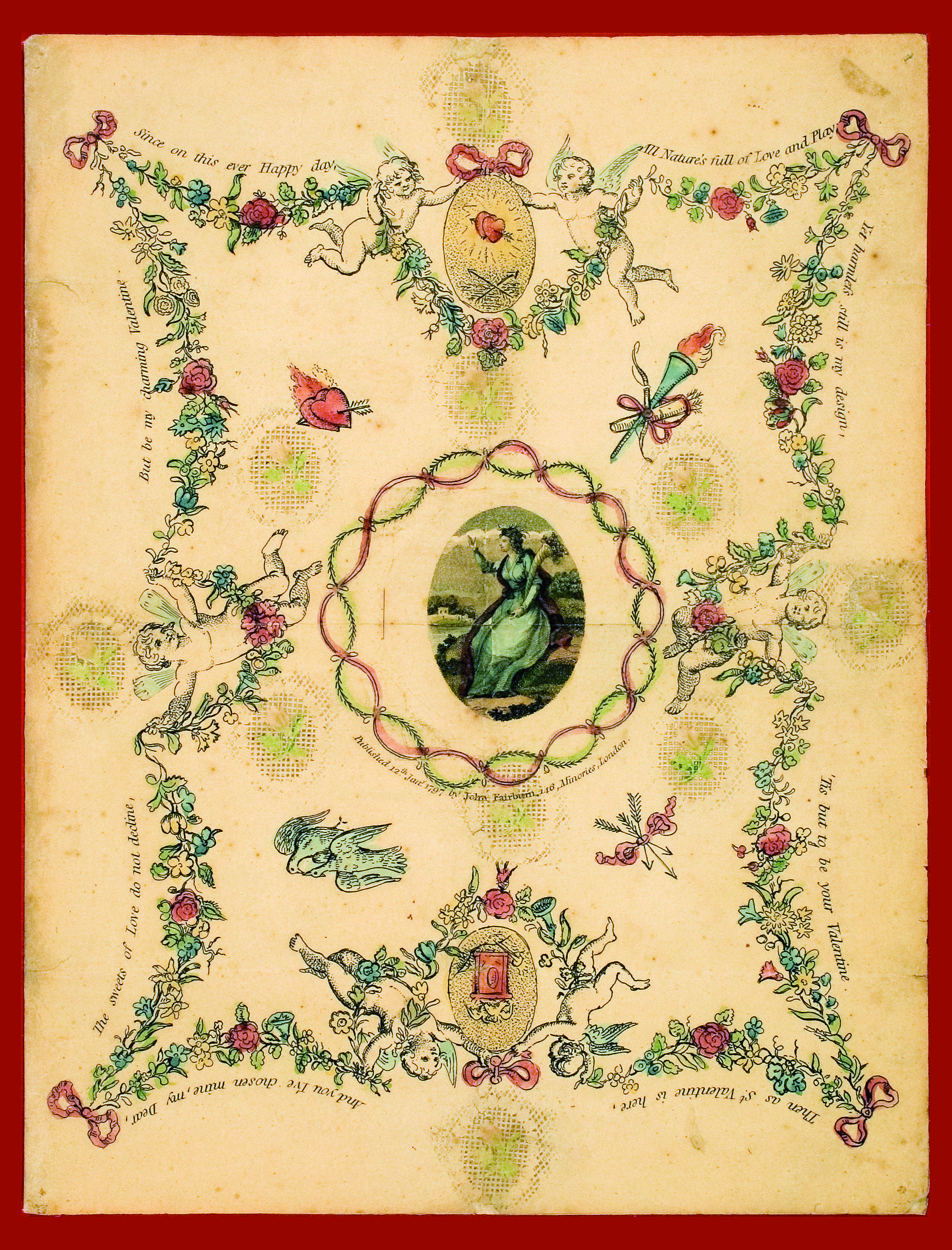 An 18th century valentine's card with a picture of a woman and a border of flowers, hearts and cupids