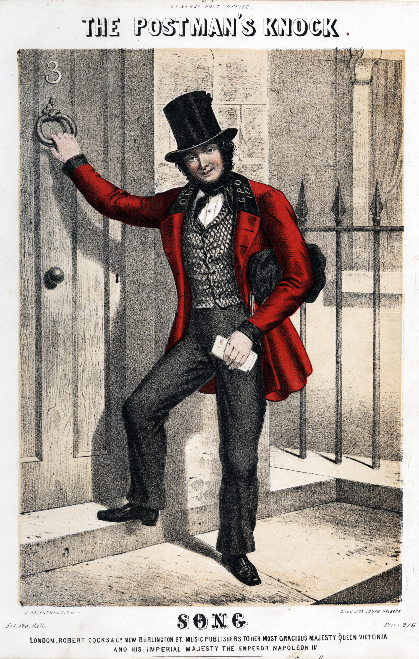 A Victorian drawing of a postman in a scarlet jacket and top hat standing at the door with a letter