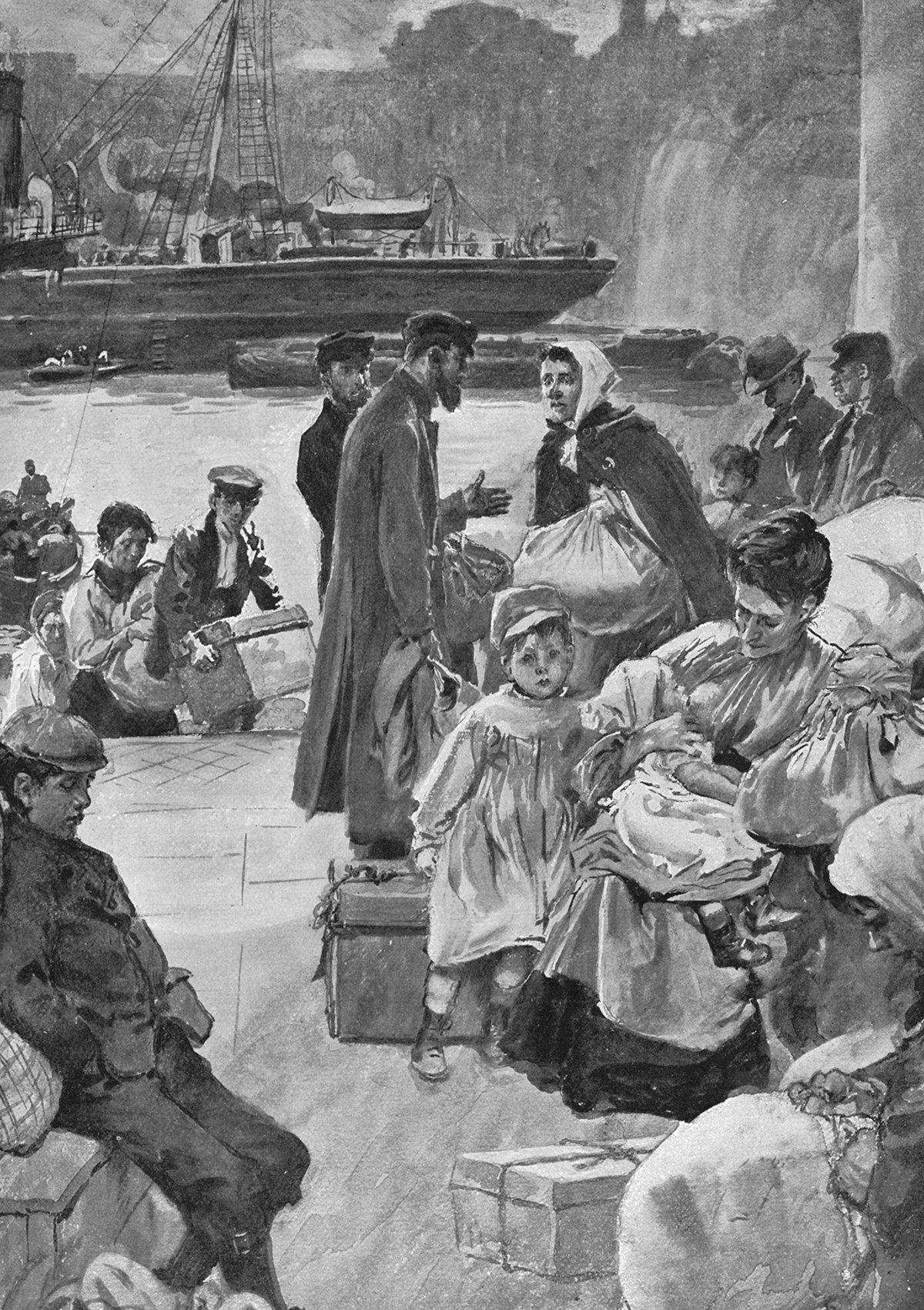 Black and white drawing of Jewish immigrants arriving at a dockside